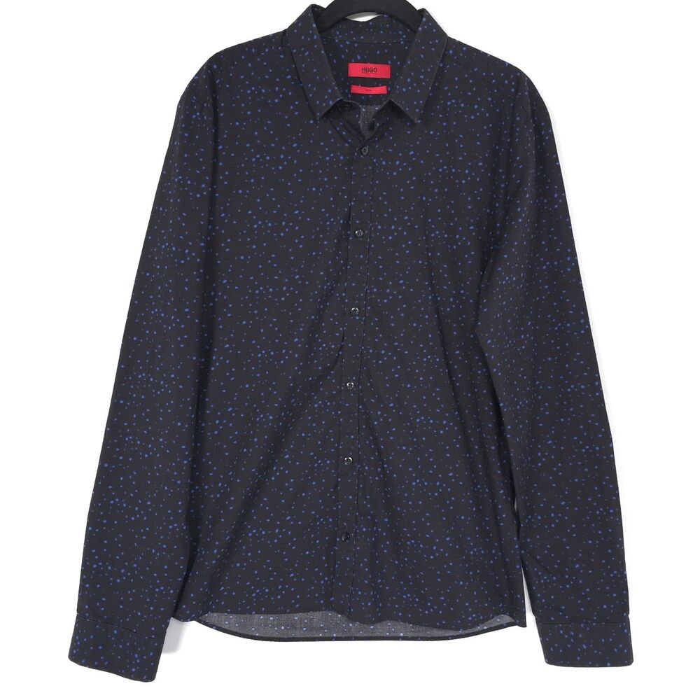 HUGO BOSS Men’s Shirt MEDIUM Black Slim Fit Blue Dot Print Cotton ER03-A-02